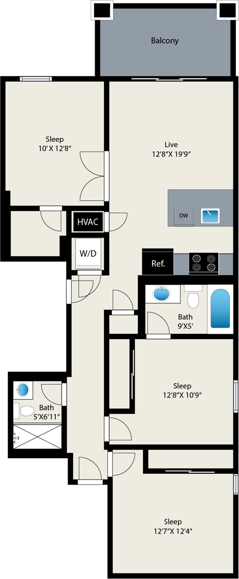 A floor plan of a house with a bakery, sleeping area, and a laundry room.